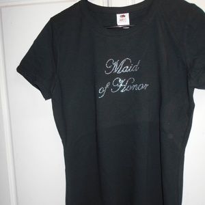 Maid Of Honor Womens Sz L Tee Shirt Tshirt Black with Silver rhinestone spell ou